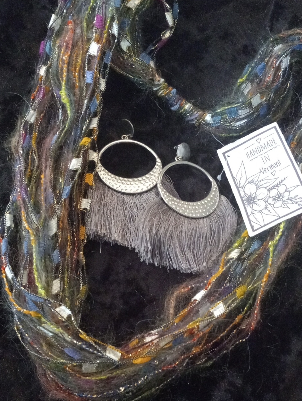 Handmade Gray Fringe Hoop Earrings - Artisan Women's Jewelry